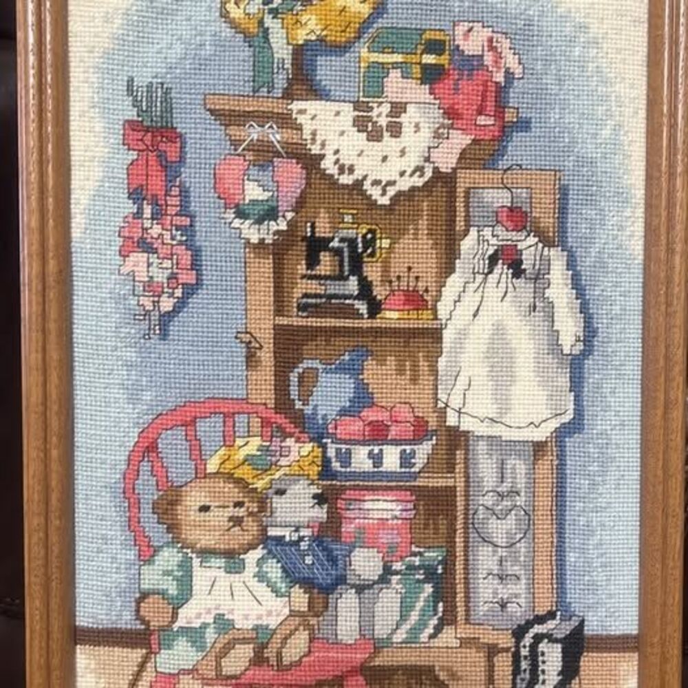 Finished Needlepoint "Victorian Childhood" -- Framed Teddy Bear Sewing Room Scen